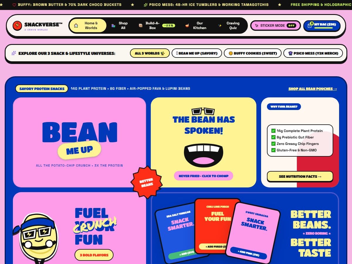 SNACKVERSE homepage with pink and blue snack bento tiles