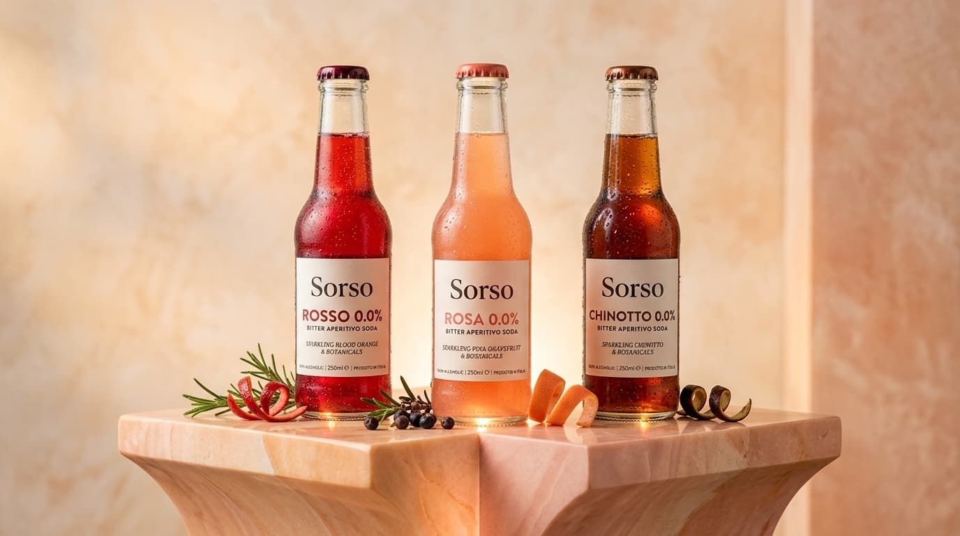 Three Sorso aperitivo soda bottles in rose and rosso tones