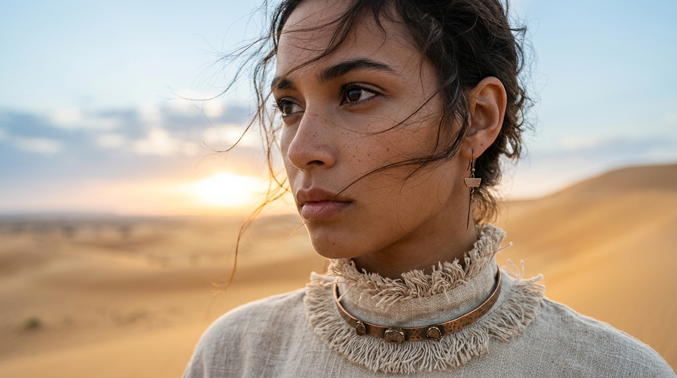 Model portrait in raw fringe collar and bronze desert jewelry