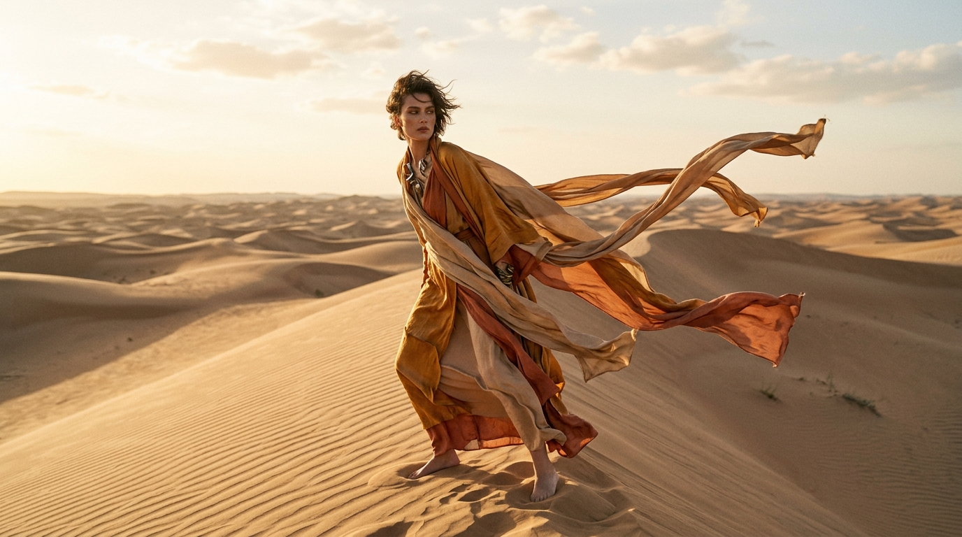 Model in flowing ochre and sand silk robes billowing over colossal desert dunes at golden hour